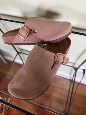 Time and Tru Faux Tan Suede Mule Clog with Gold Buckle - Taupe